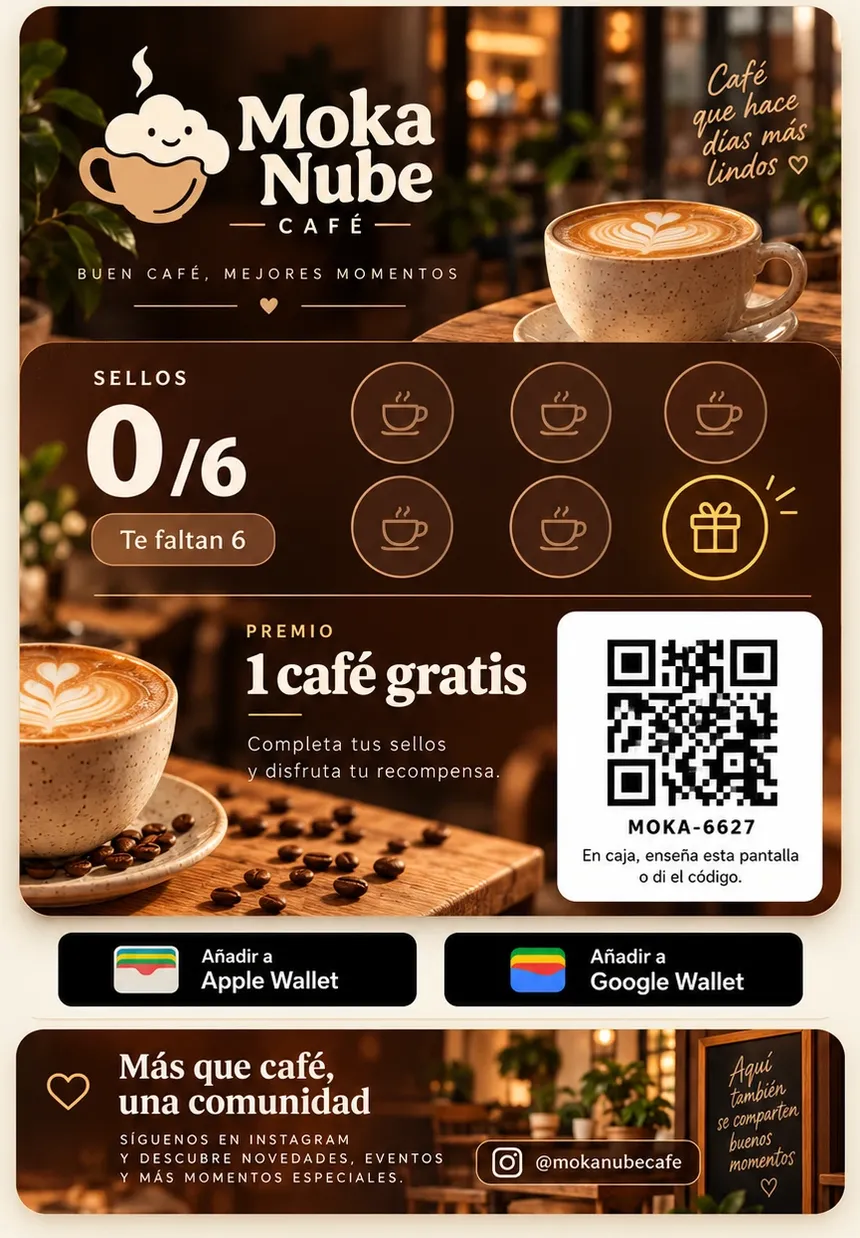 Tarjeta de ejemplo de una cafetería con 6 sellos de café y un café gratis de premio