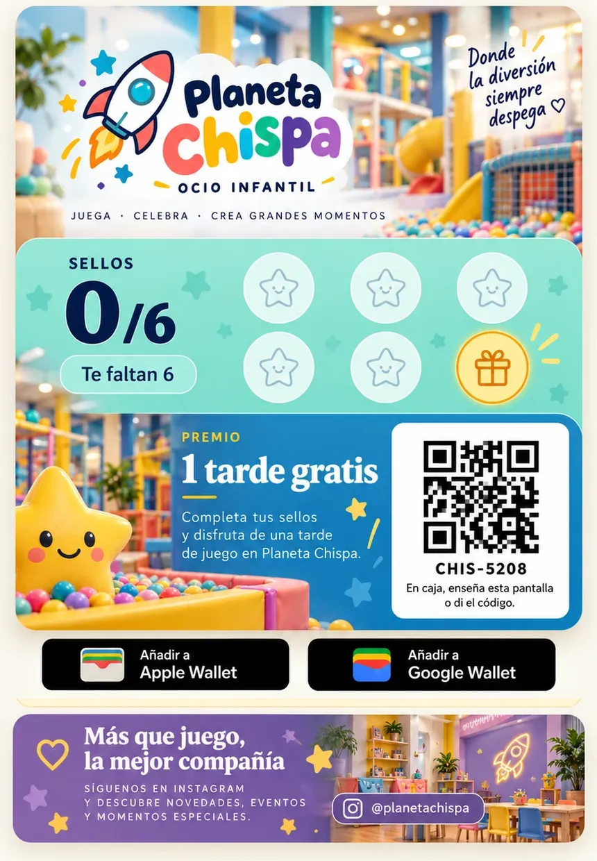 Tarjeta de ejemplo de un parque infantil con sellos de estrellas y una tarde de juego gratis de premio