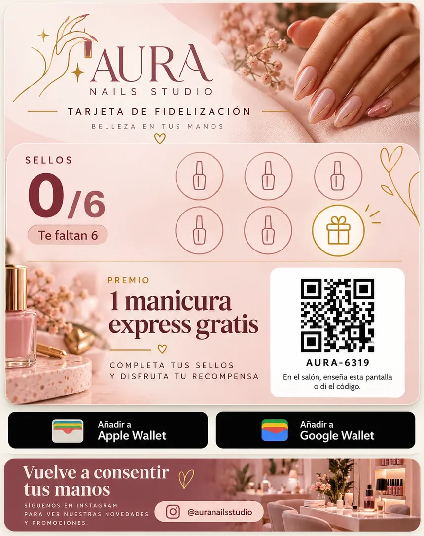 Tarjeta de ejemplo de un salón de uñas con sellos de esmalte y una manicura gratis de premio